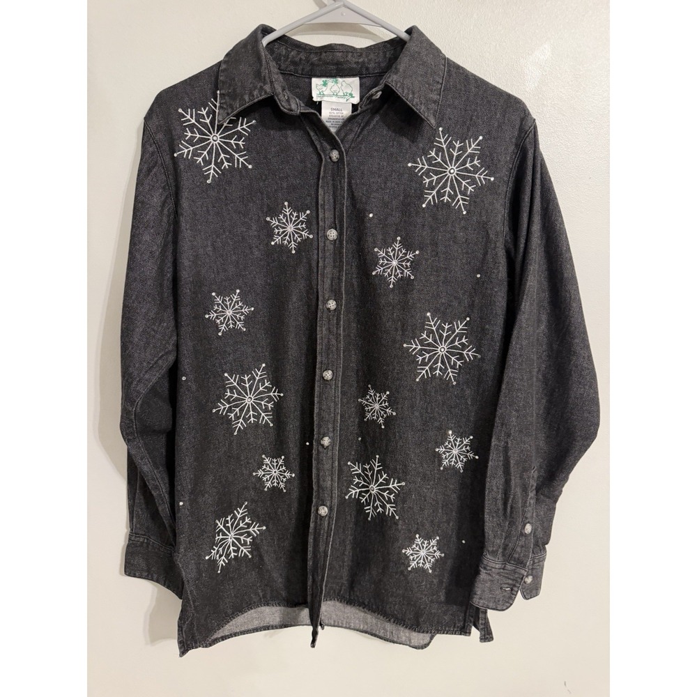 Quacker Factory Snowflake Rhinestone Embroidered Denim Shirt Holiday Small - Picture 3 of 9